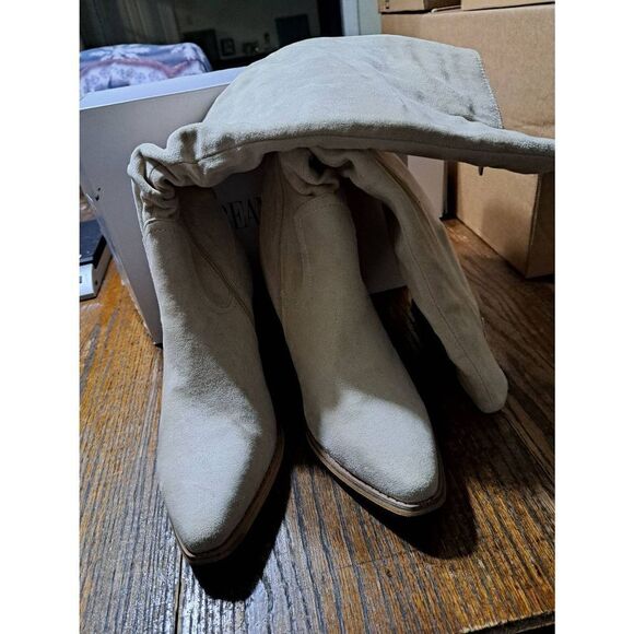 Size 11 Dream Pairs Beige Cream Stacked Heel Pointed Toe Chunky Heel Knee Boots - Picture 9 of 10